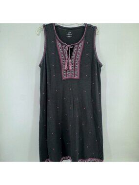 J Jill Embroidered Sleeveless Knit Dress‎ Black Pink Tassel Tie Neck Size L